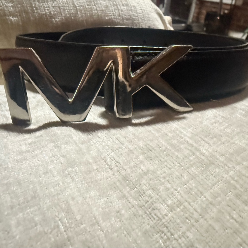 Michael Kors Black Leather Belt with Silver MK Logo Buckle